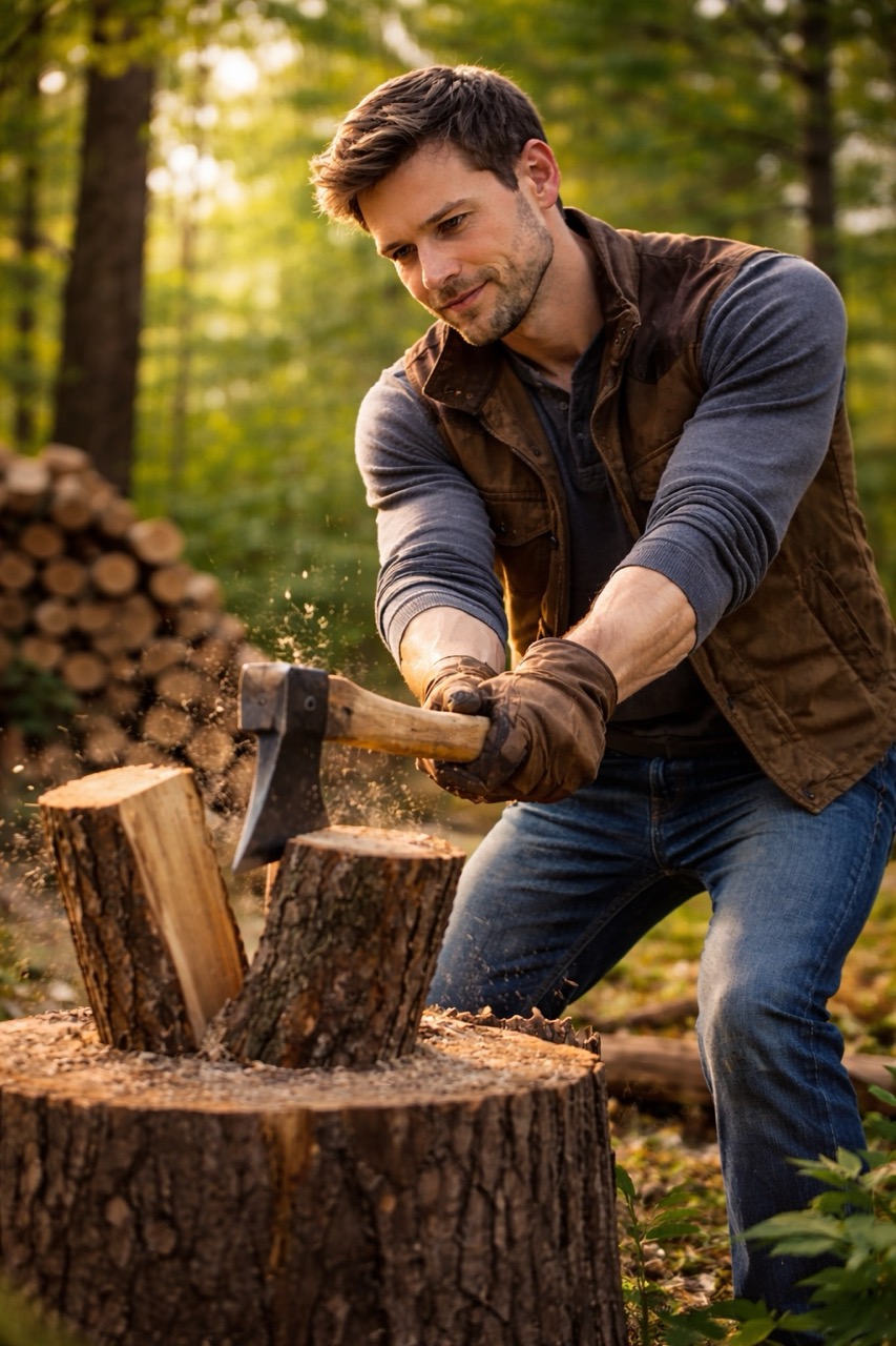 Ethan splitting wood outdoors in late afternoon light